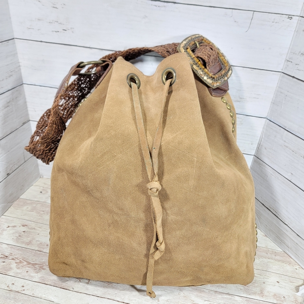 Leatherock Large  Studded Suede Bucket Hobo Handbag With Braided Strap - Picture 7 of 13